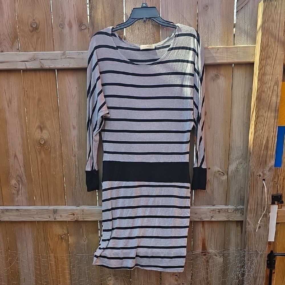 Annianna Black and Gray Striped Long Sleeve Dress